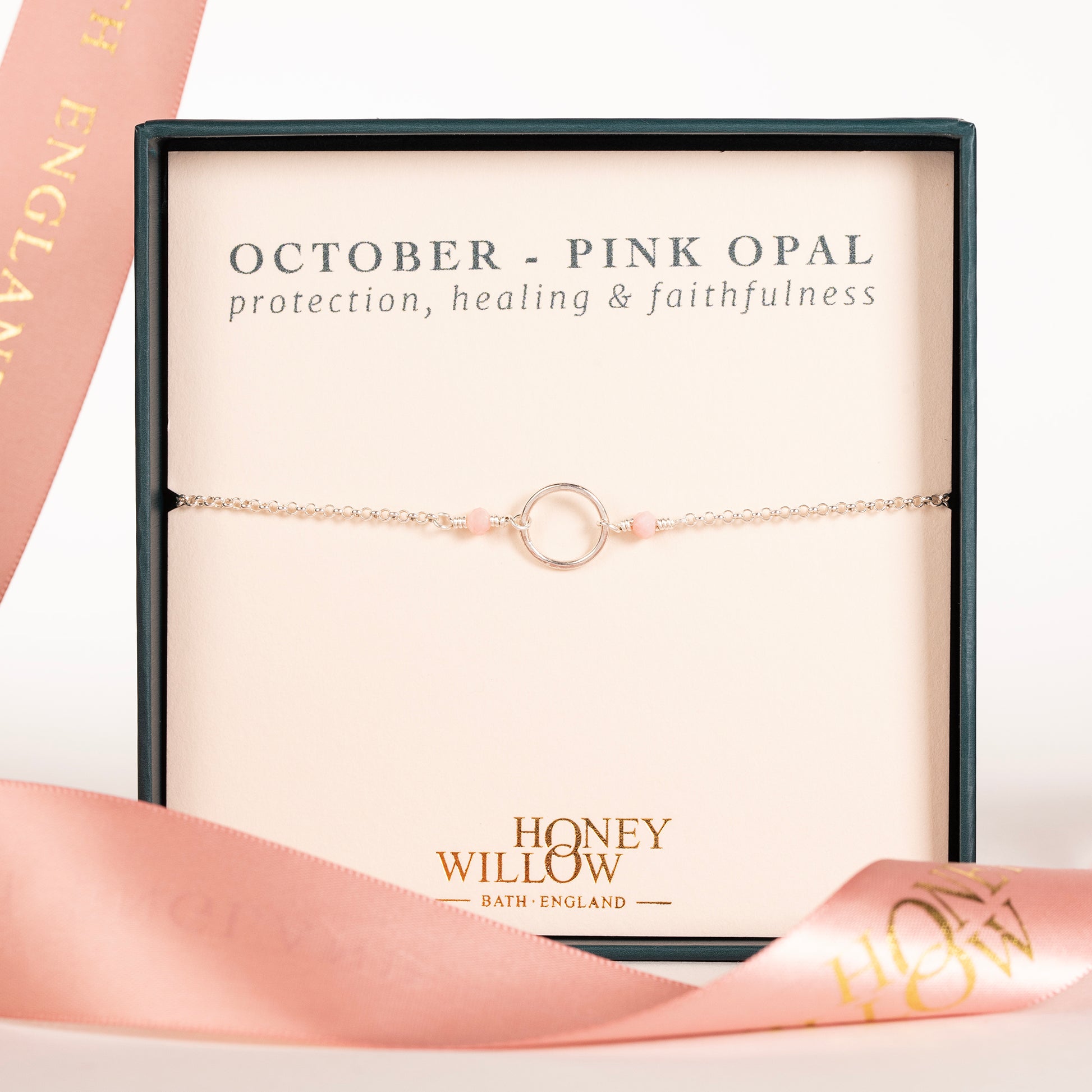 October Birthstone Halo Bracelet - Pink Opal - Silver and Gold