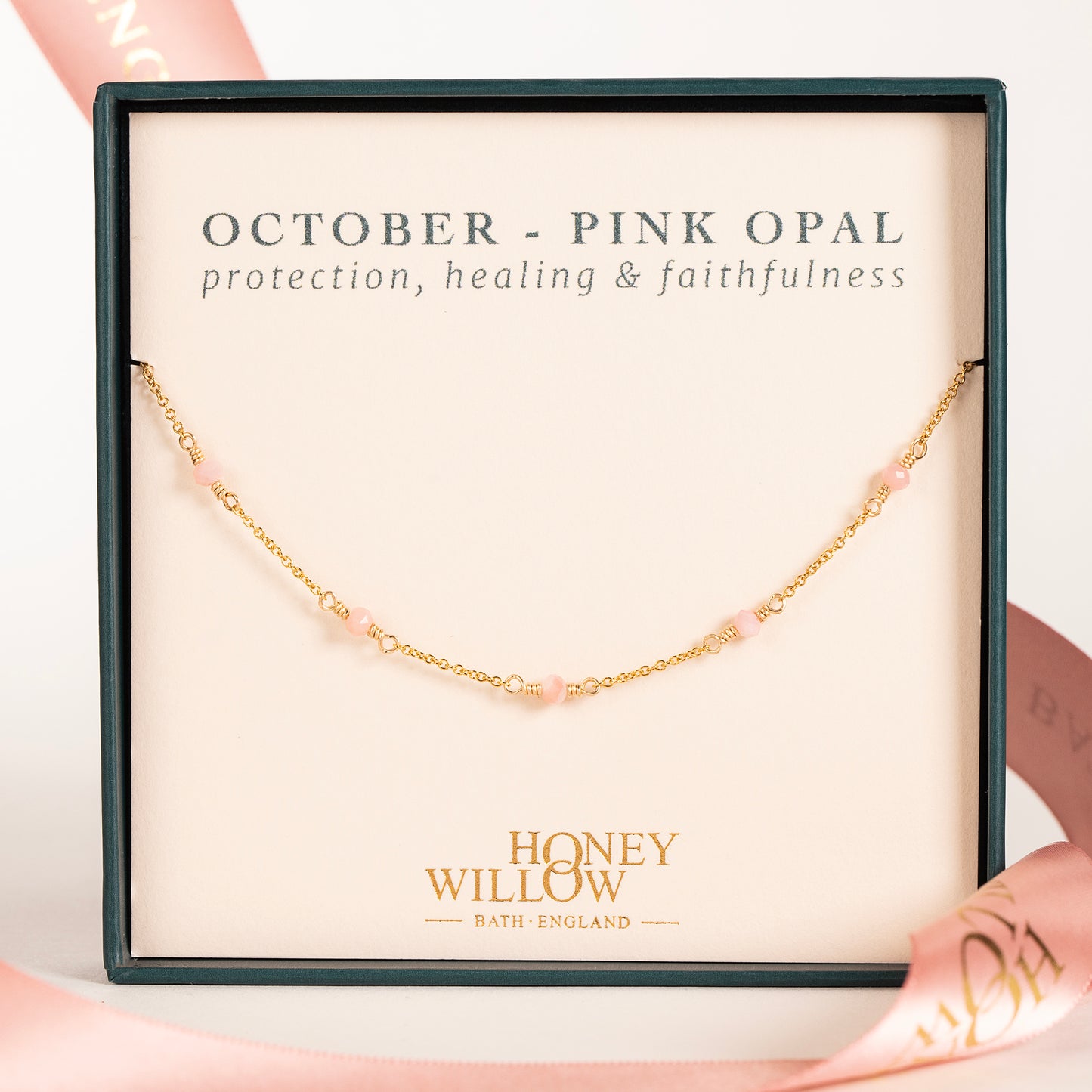 October Birthstone Satellite Necklace - Pink Opal - Silver & Gold