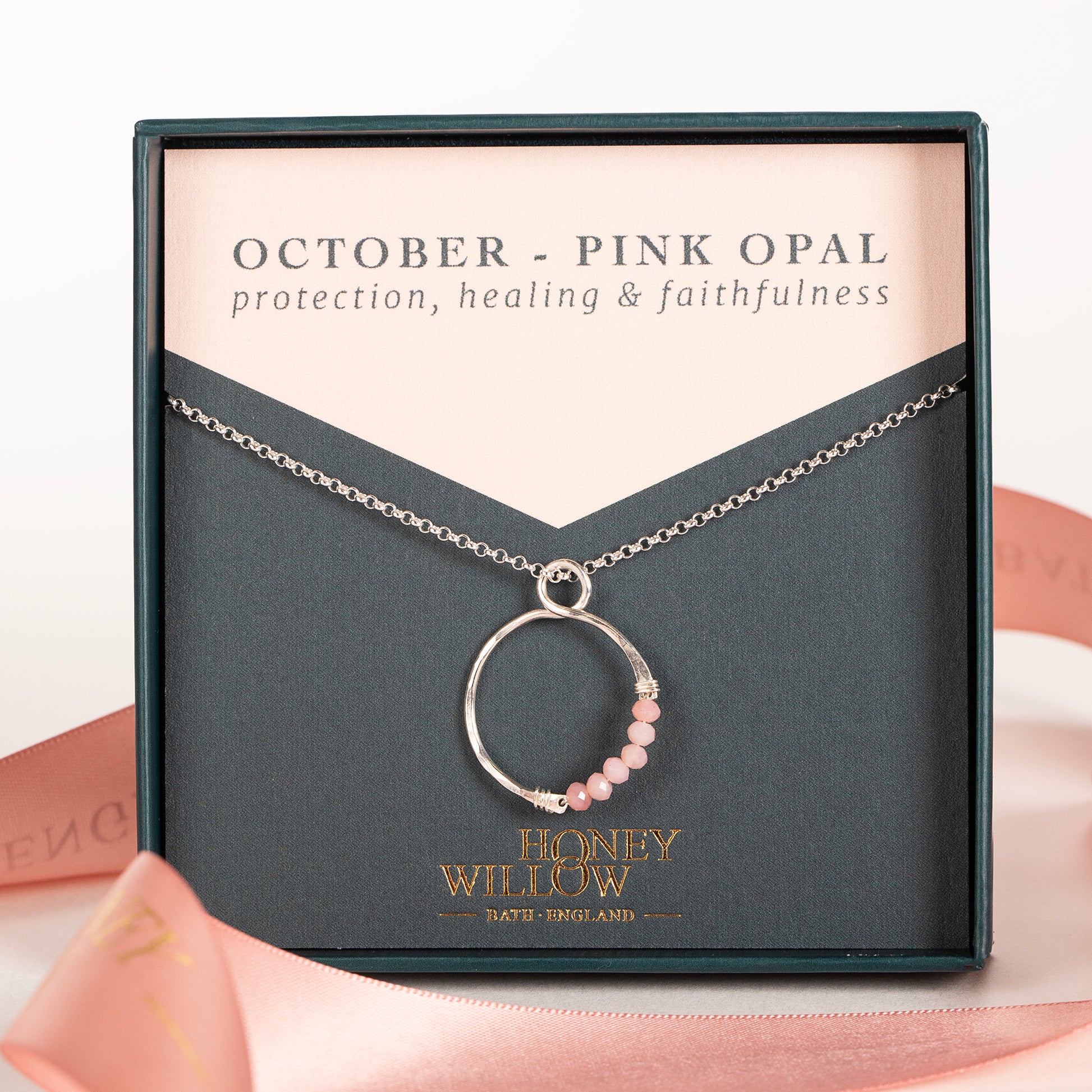 October Birthstone Infinity Necklace - Pink Opal - Silver & Gold