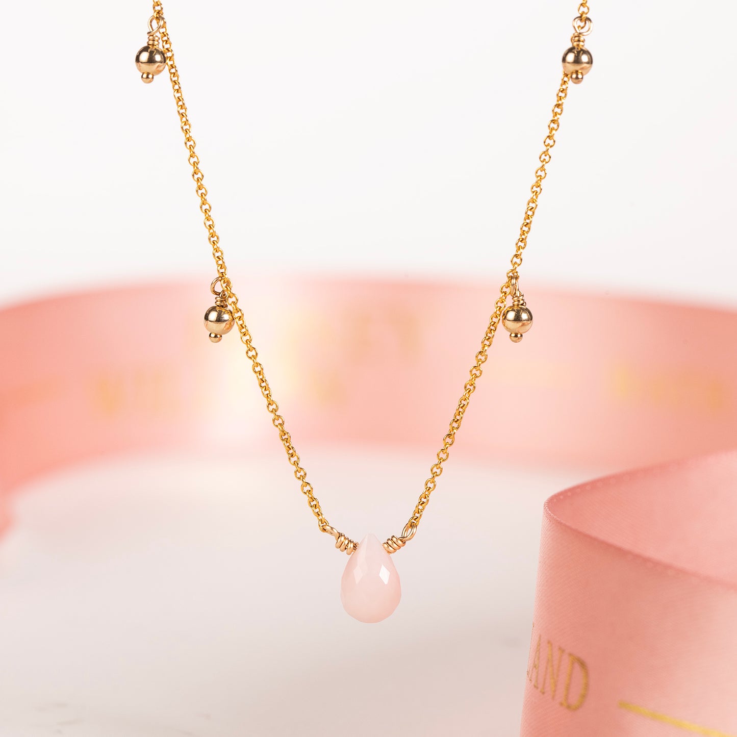 October Birthstone Briolette Choker Necklace - Pink Opal - Silver & Gold