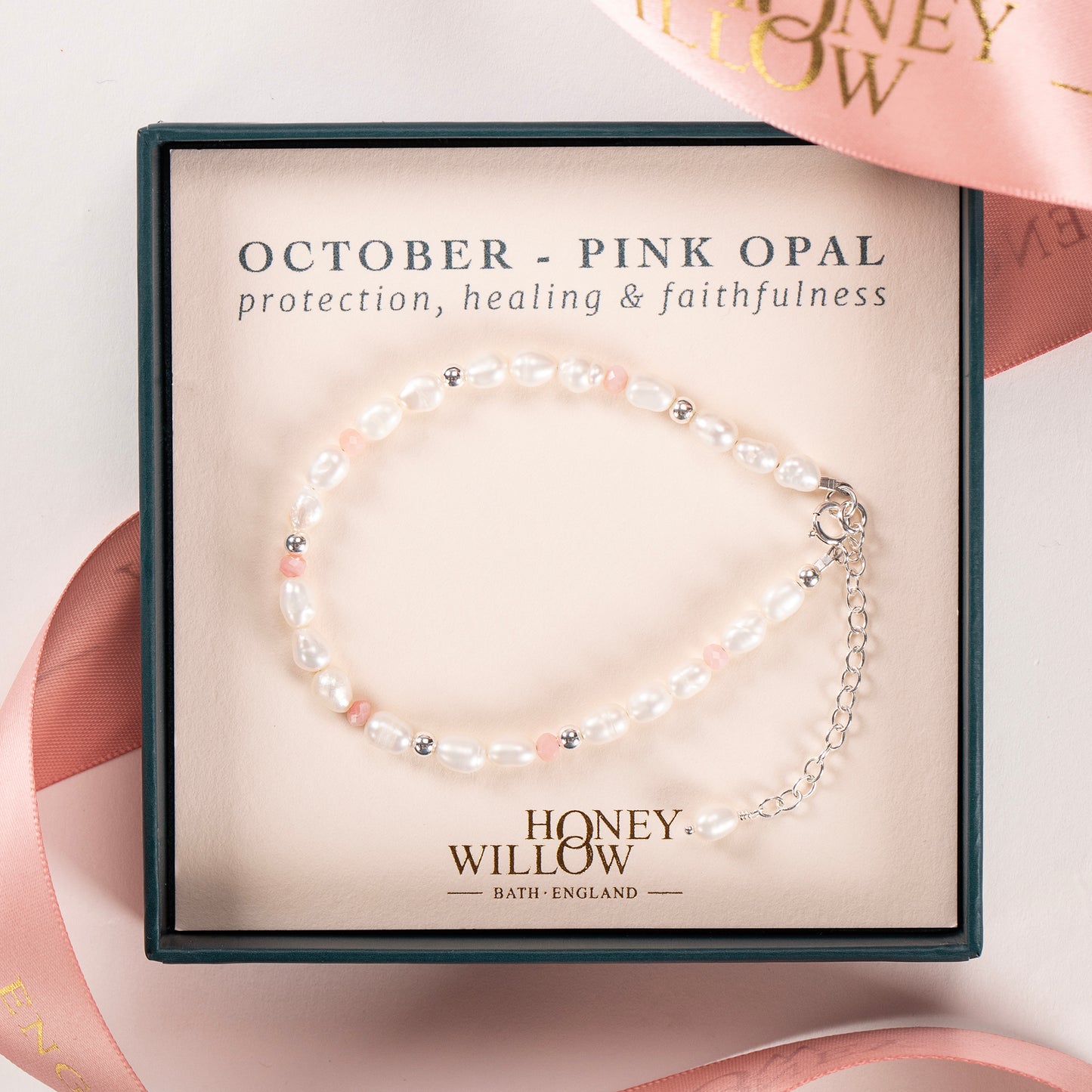 October Birthstone Bracelet - Seed Pearl & Pink Opal - Silver & Gold