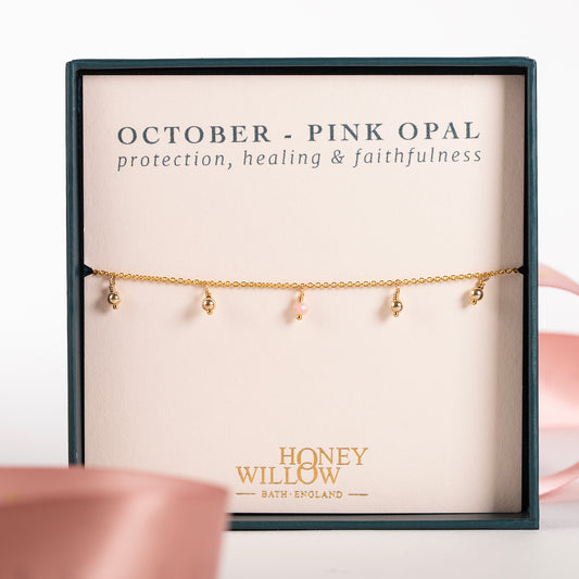 October Birthday Gift - Delicate Double Birthstone Bracelet - Pink Opal - Silver & Gold