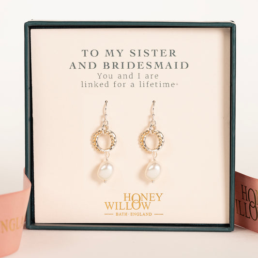 Sister & Bridesmaid Gift - Love Knot Pearl Earrings - Silver & Gold