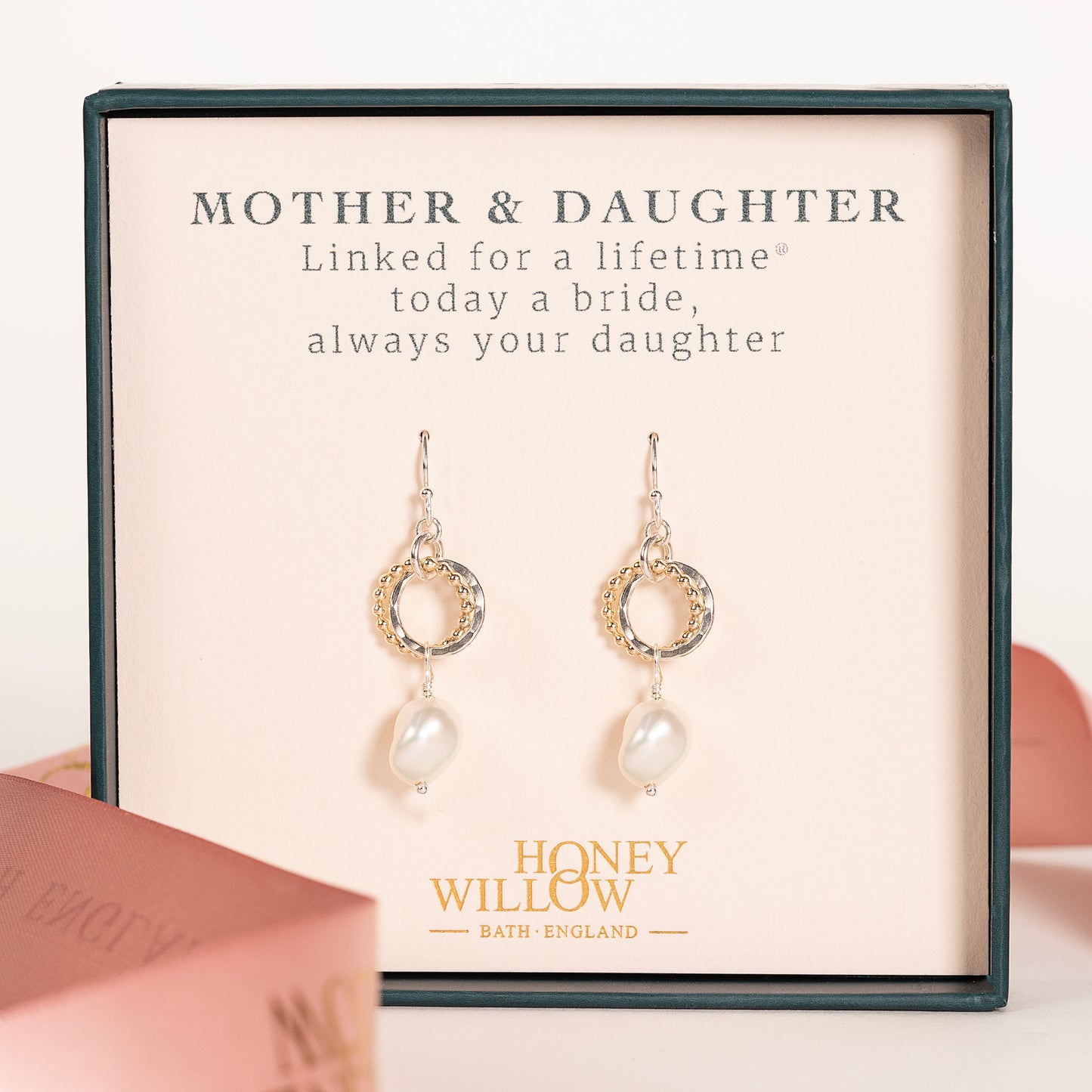 Mother of the Bride Gift - Love Knot Pearl Earrings - Silver & Gold