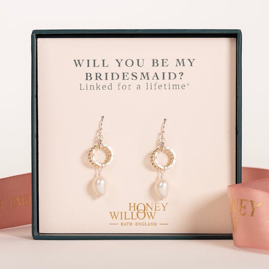 Will You Be My Bridesmaid Gift - Love Knot Pearl Earrings - Silver & Gold