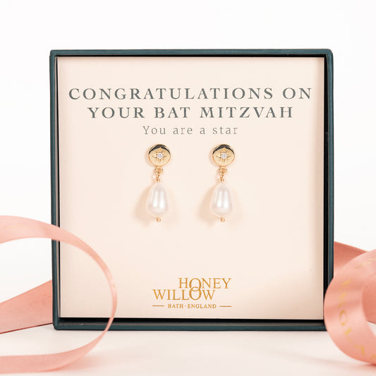 Bat Mitzvah Gift - Diamond Star Set Pearl Earrings - 9kt Gold & Lab-Grown Diamonds