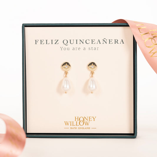 Gift for Quinceañera - Diamond Star Set Pearl Earrings - 9kt Gold & Lab-Grown Diamonds