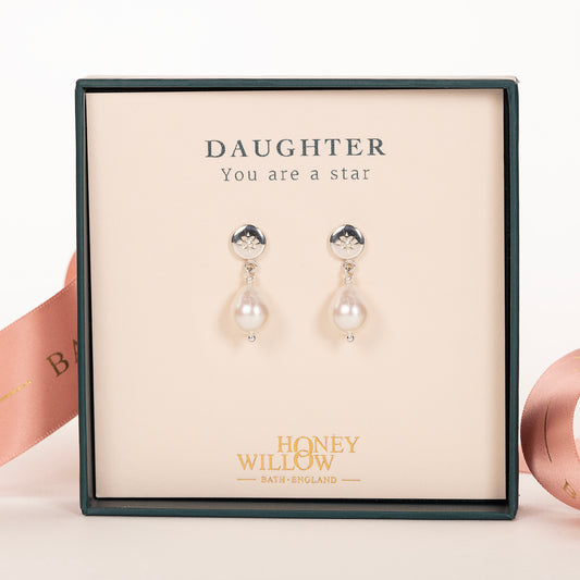 Gift for Daughter - Star Set Birthstone Earrings with Pearls - Silver