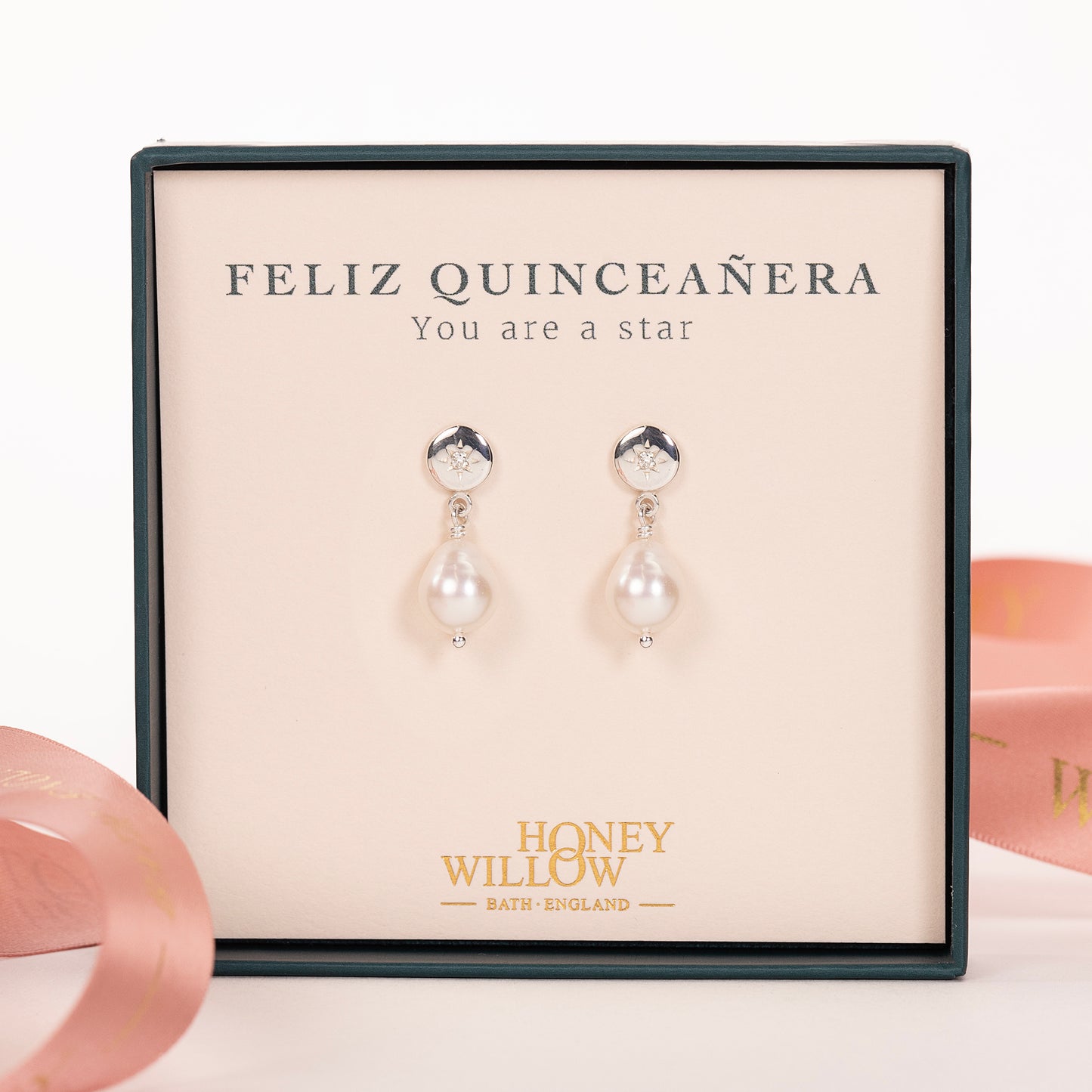 Gift for Quinceañera - Star Set Birthstone Earrings with Pearls - Silver