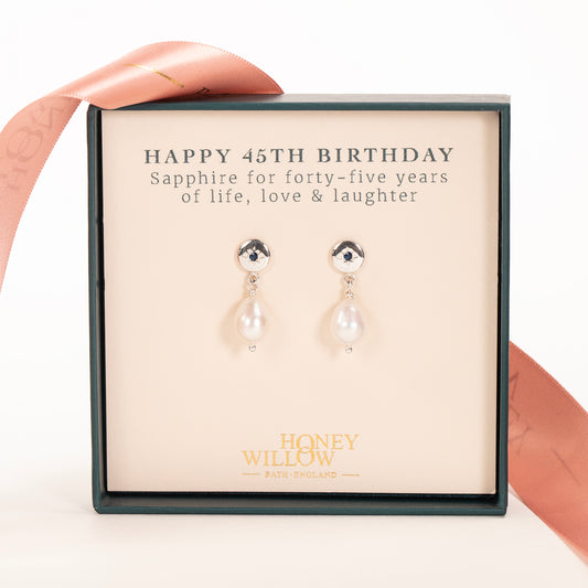 45th Birthday Gift - Sapphire Star Set Pearl Earrings - Silver