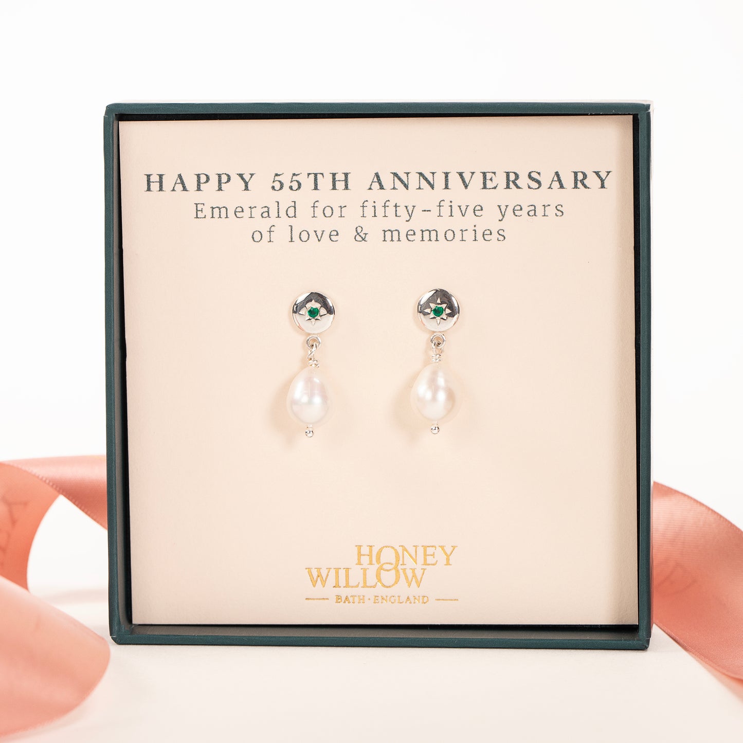 55th Anniversary Gift - Emerald Star Set Pearl Earrings - Silver