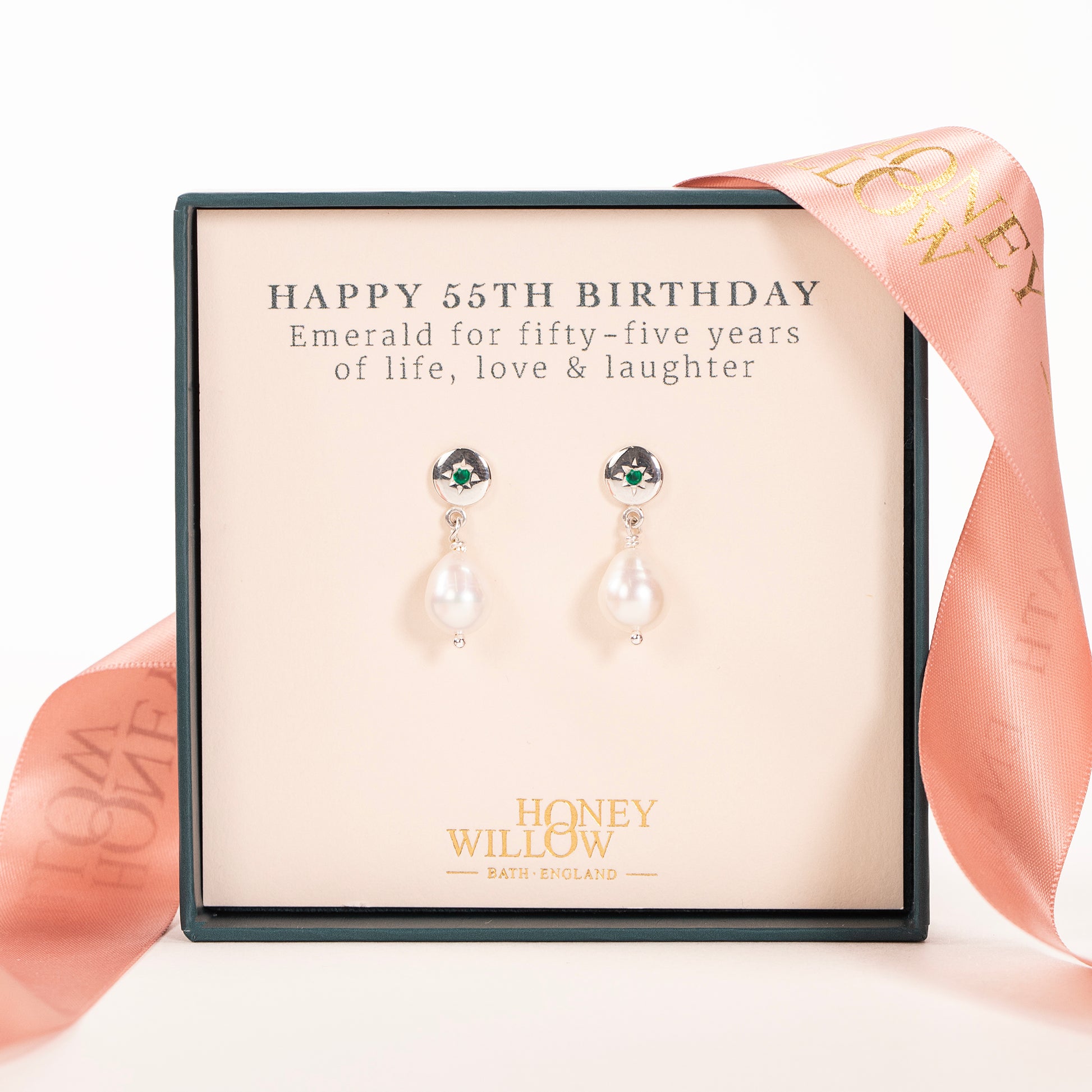 55th Birthday Gift - Emerald Star Set Pearl Earrings - Silver