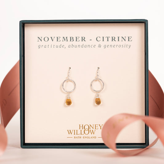 November Birthstone Circle Earrings - Citrine - Silver & Gold