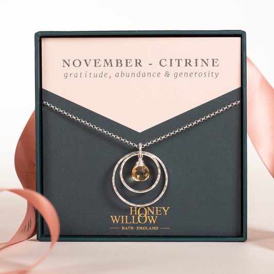 November Birthstone Double Halo Necklace - Citrine - Silver & Gold