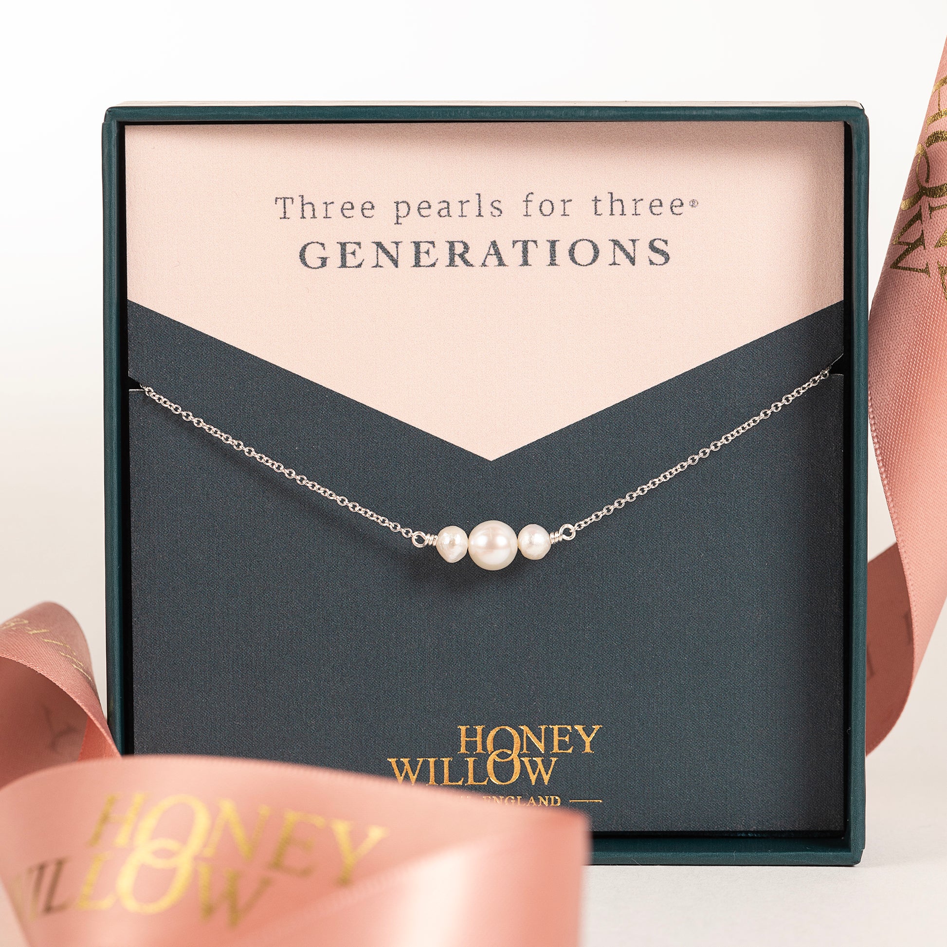 Gift for Grandma - 3 Pearls for 3 Generations Necklace - Silver, Gold, Rose Gold