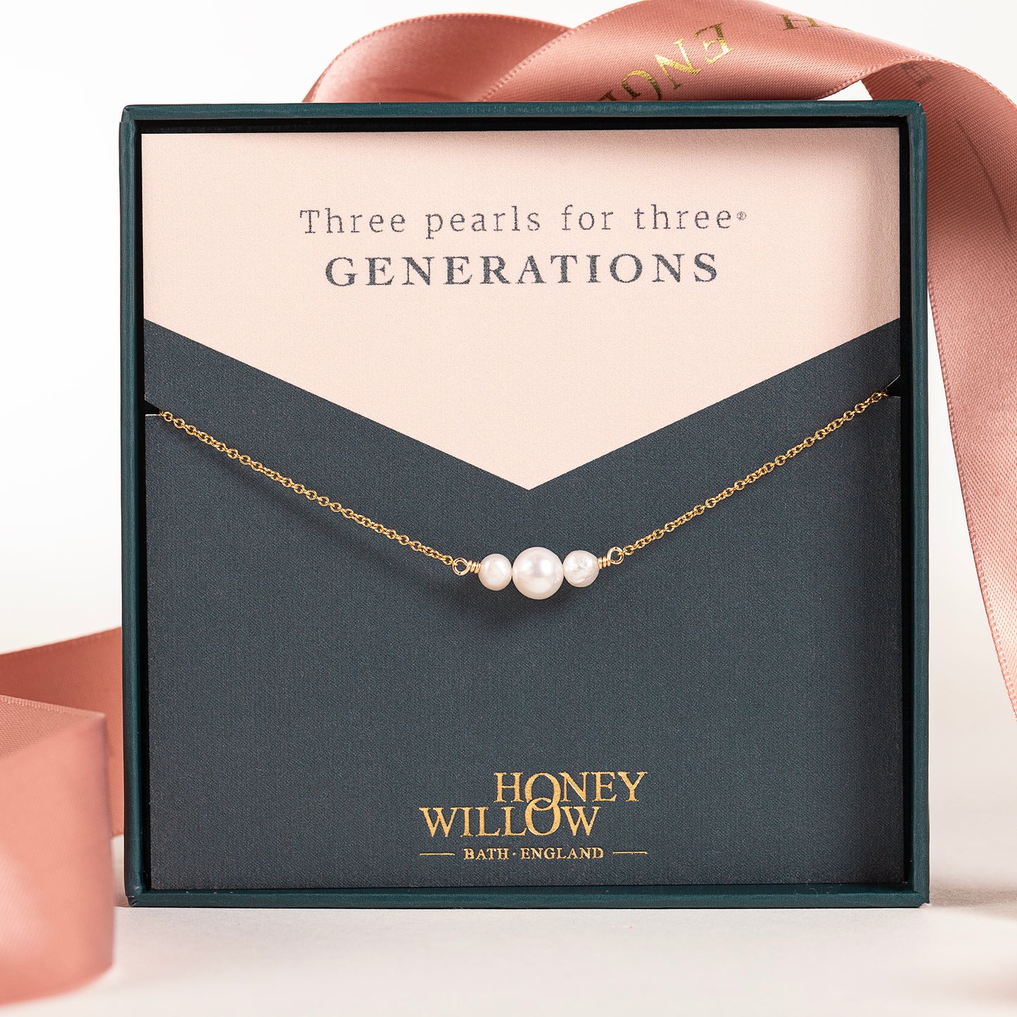 Gift for Grandma - 3 Pearls for 3 Generations Necklace - Silver, Gold, Rose Gold