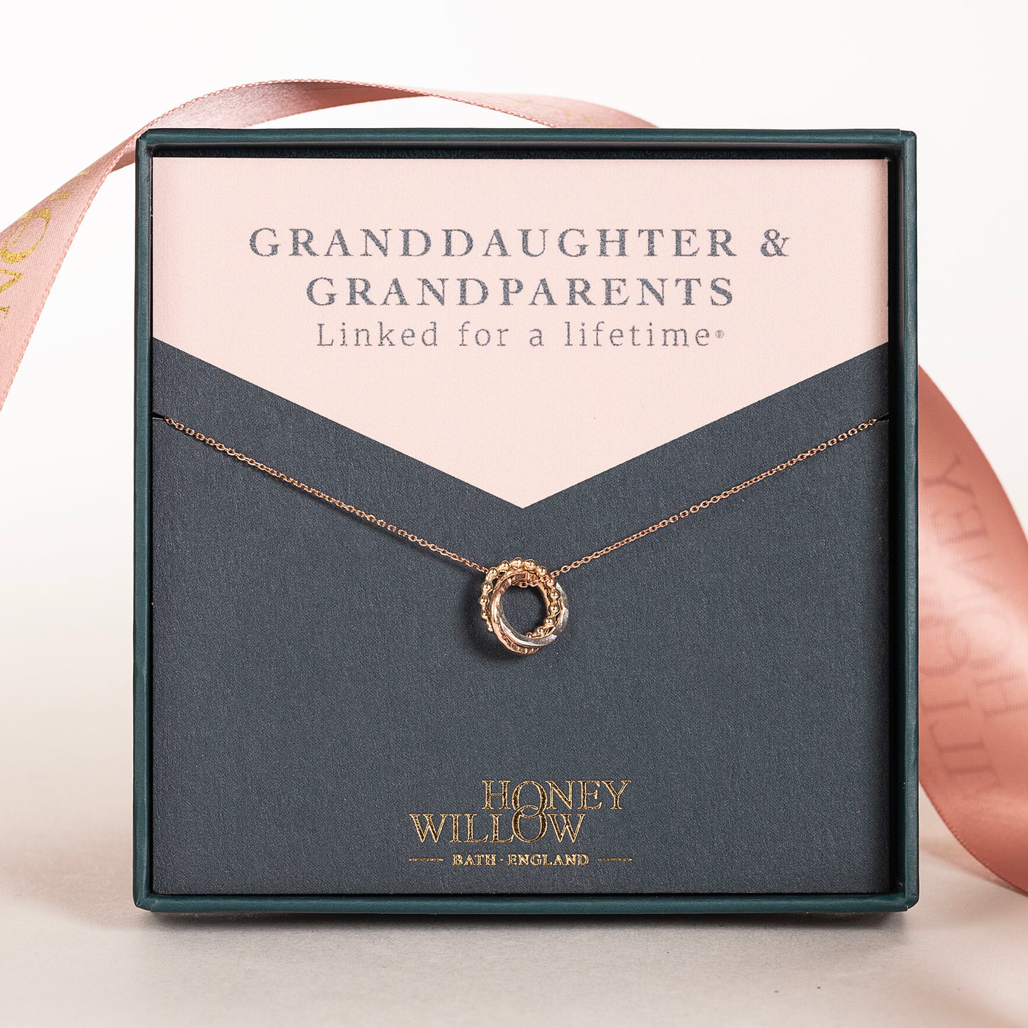 Gift for Granddaughter from Grandparents - 9kt Gold, Rose Gold & Silver Love Knot Necklace