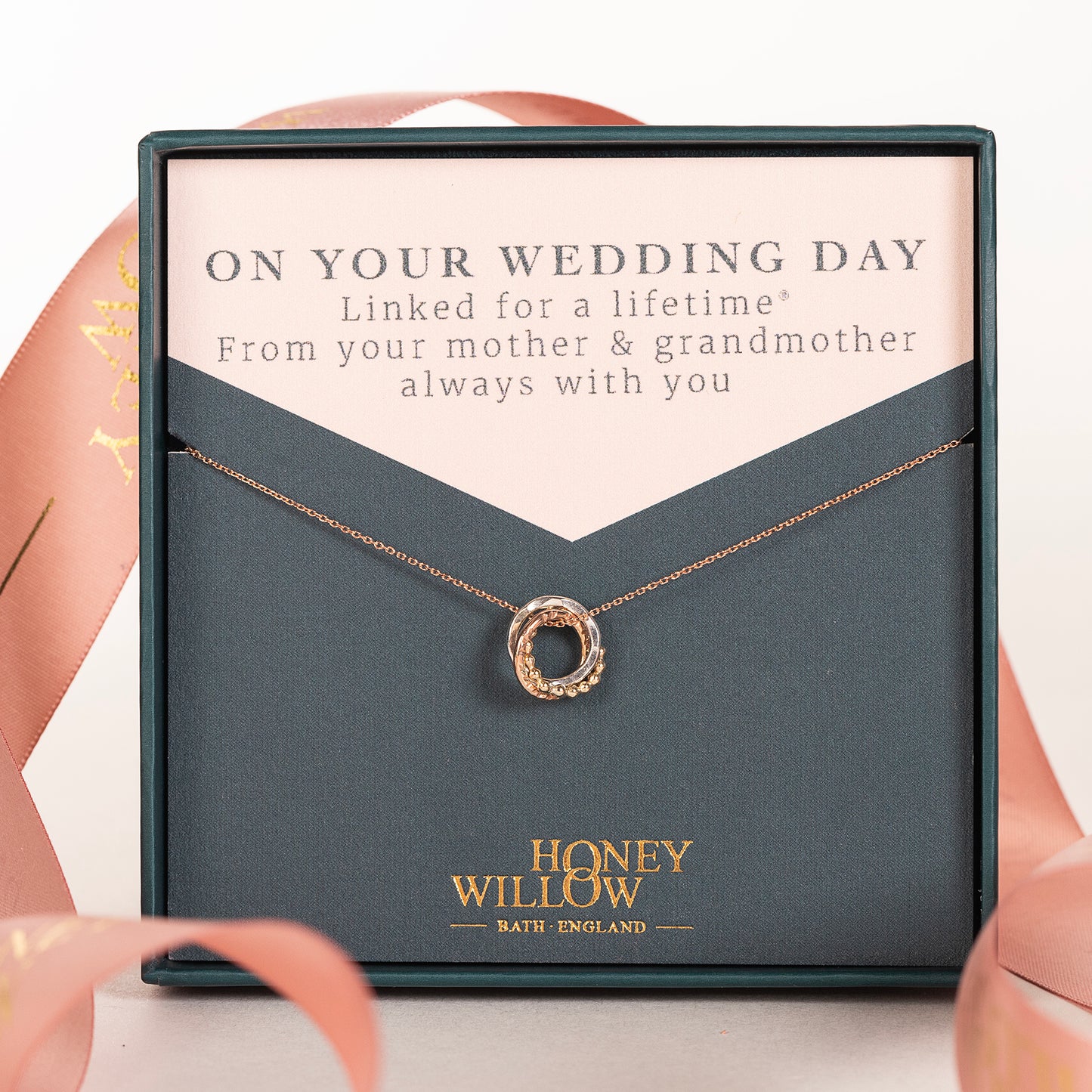 Wedding Day Gift for Bride from Mother & Grandmother - 9kt Gold, Rose Gold & Silver Love Knot Necklace