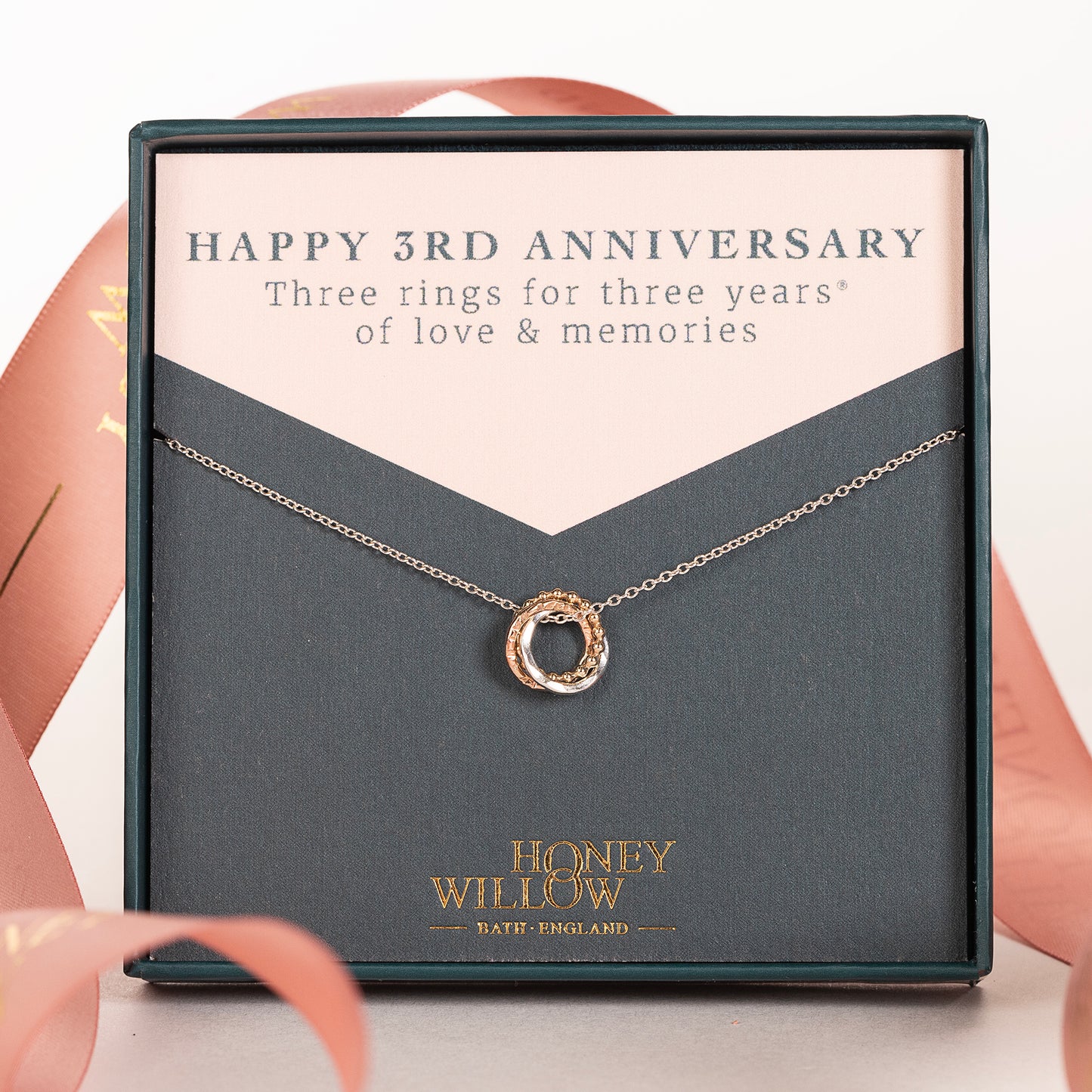 9kt Gold 3rd Anniversary Love Knot Necklace -  The Original 3 Links for 3 Years Necklace - Recycled Gold, Rose Gold & White Gold