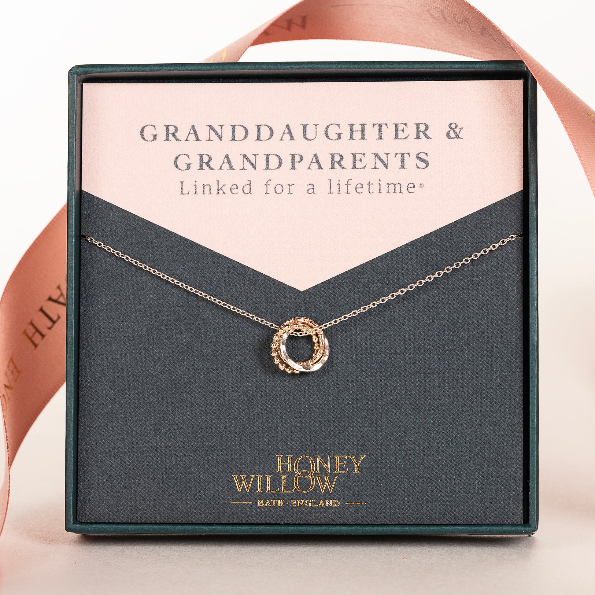 Gift for Granddaughter from Grandparents - 9kt Gold, Rose Gold & Silver Love Knot Necklace