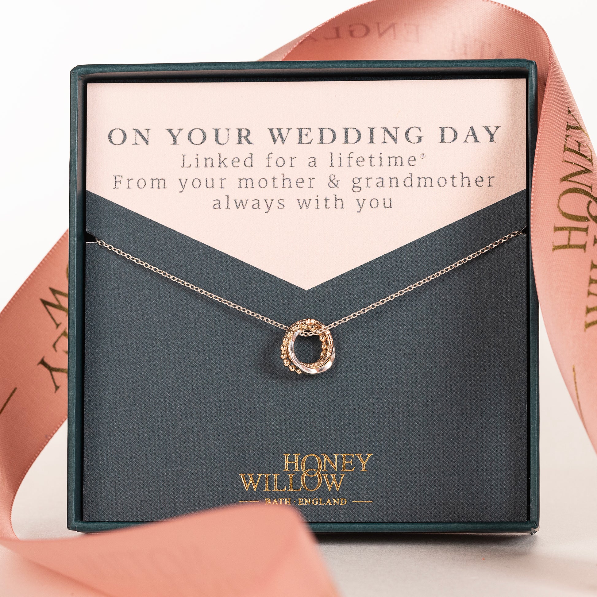 Wedding Day Gift for Bride from Mother & Grandmother - 9kt Gold, Rose Gold & Silver Love Knot Necklace