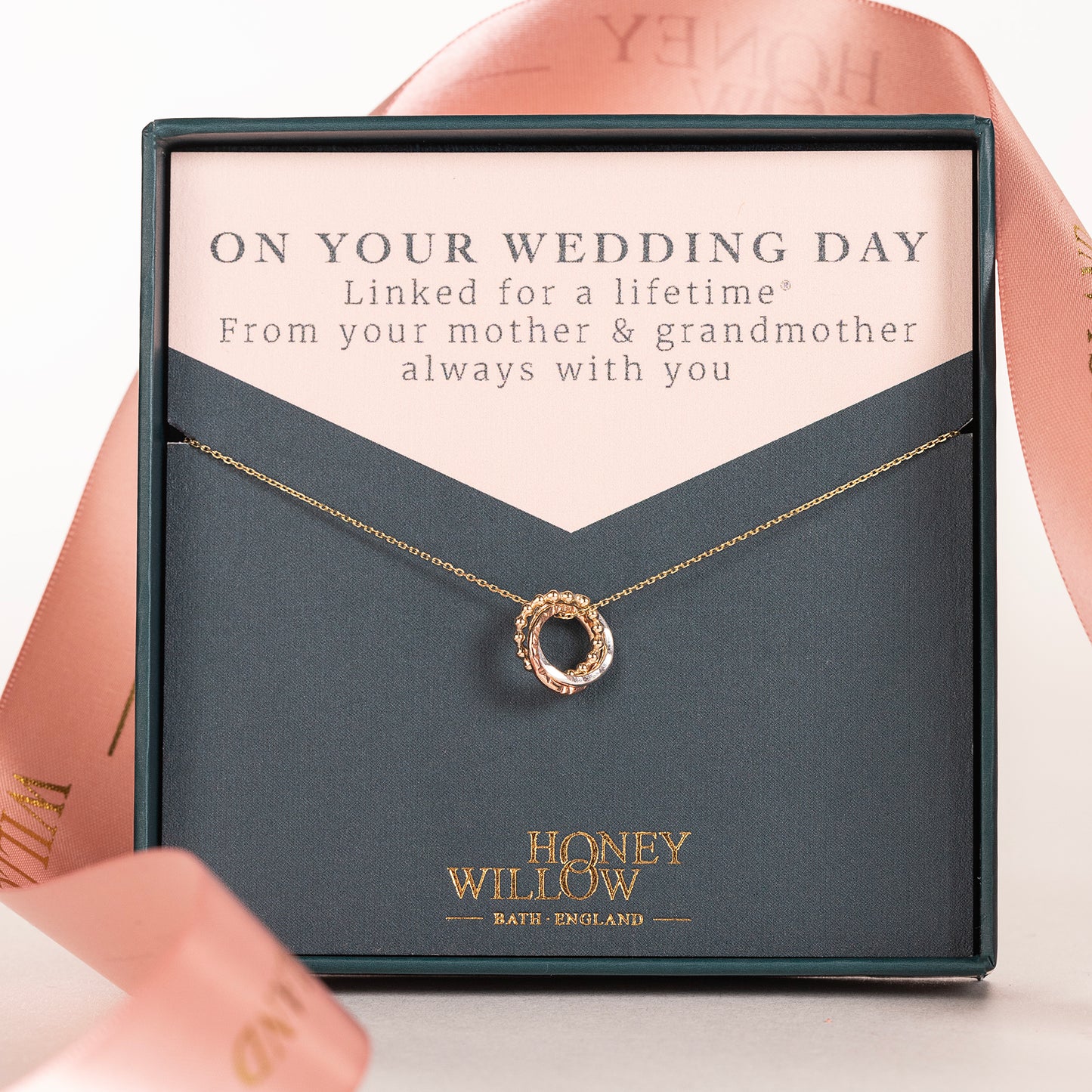 Wedding Day Gift for Bride from Mother & Grandmother - 9kt Gold, Rose Gold & Silver Love Knot Necklace