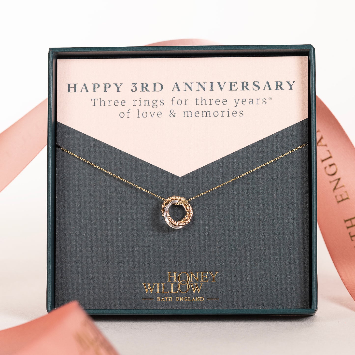 9kt Gold 3rd Anniversary Love Knot Necklace -  The Original 3 Links for 3 Years Necklace - Recycled Gold, Rose Gold & White Gold