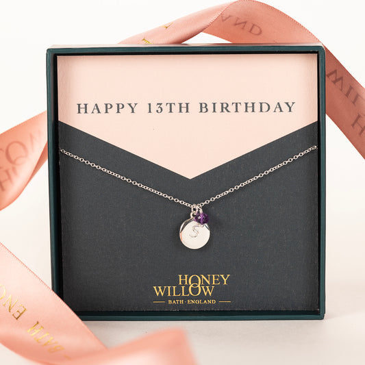 13th Birthday Necklace - Personalised Initial Pendant with Birthstone - Silver