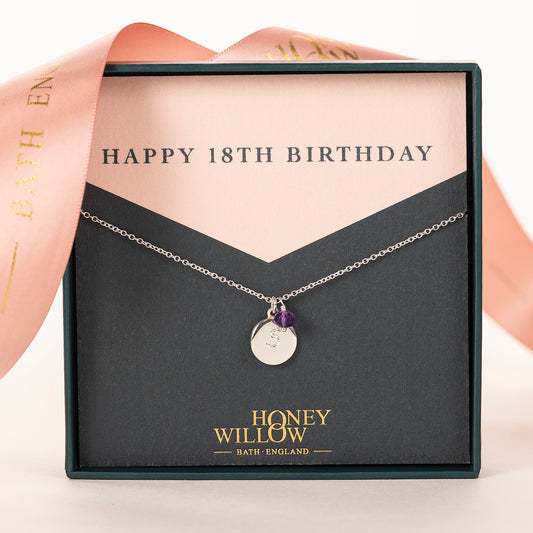 18th Birthday Necklace - Personalised Initial Pendant with Birthstone - Silver