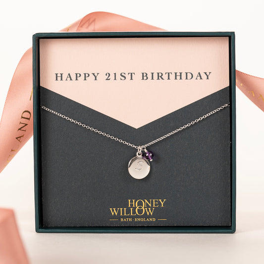 21st Birthday Necklace - Personalised Initial Pendant with Birthstone