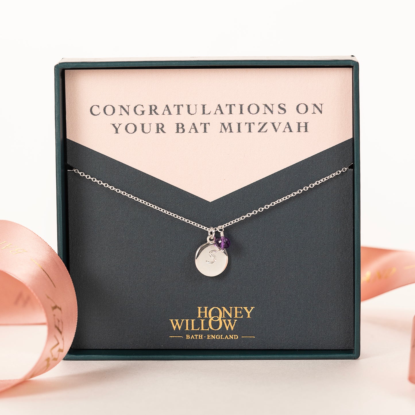 Bat Mitzvah Gift - Personalised Initial Pendant with Birthstone Necklace - Silver