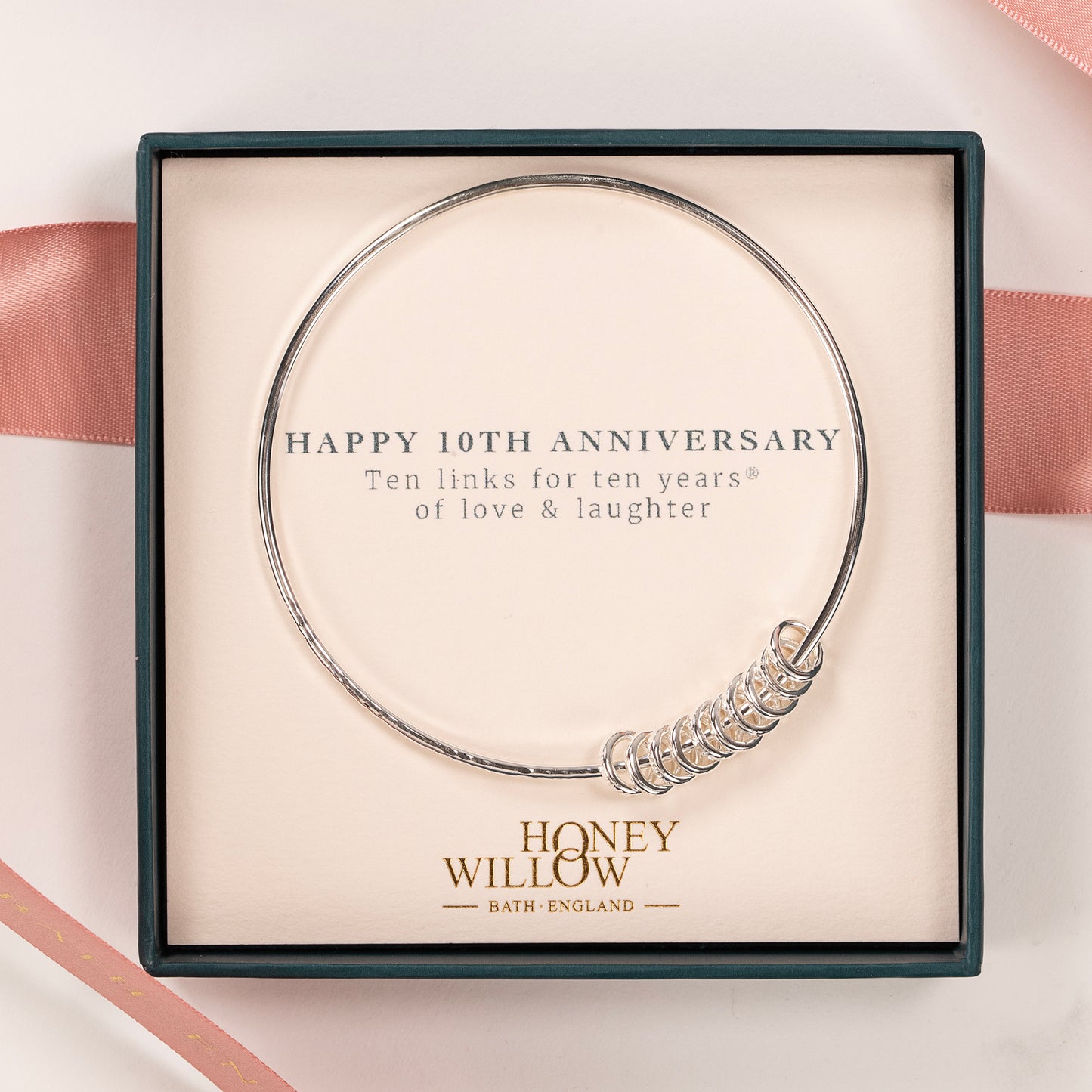 10th Anniversary Gift - Personalised Silver Bangle - 10 Rings for 10 Years - Silver