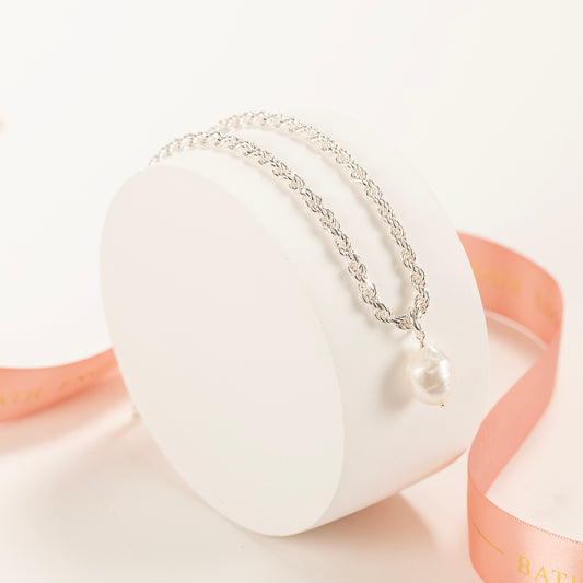 Chunky Rope Chain necklace with Pearl - Silver