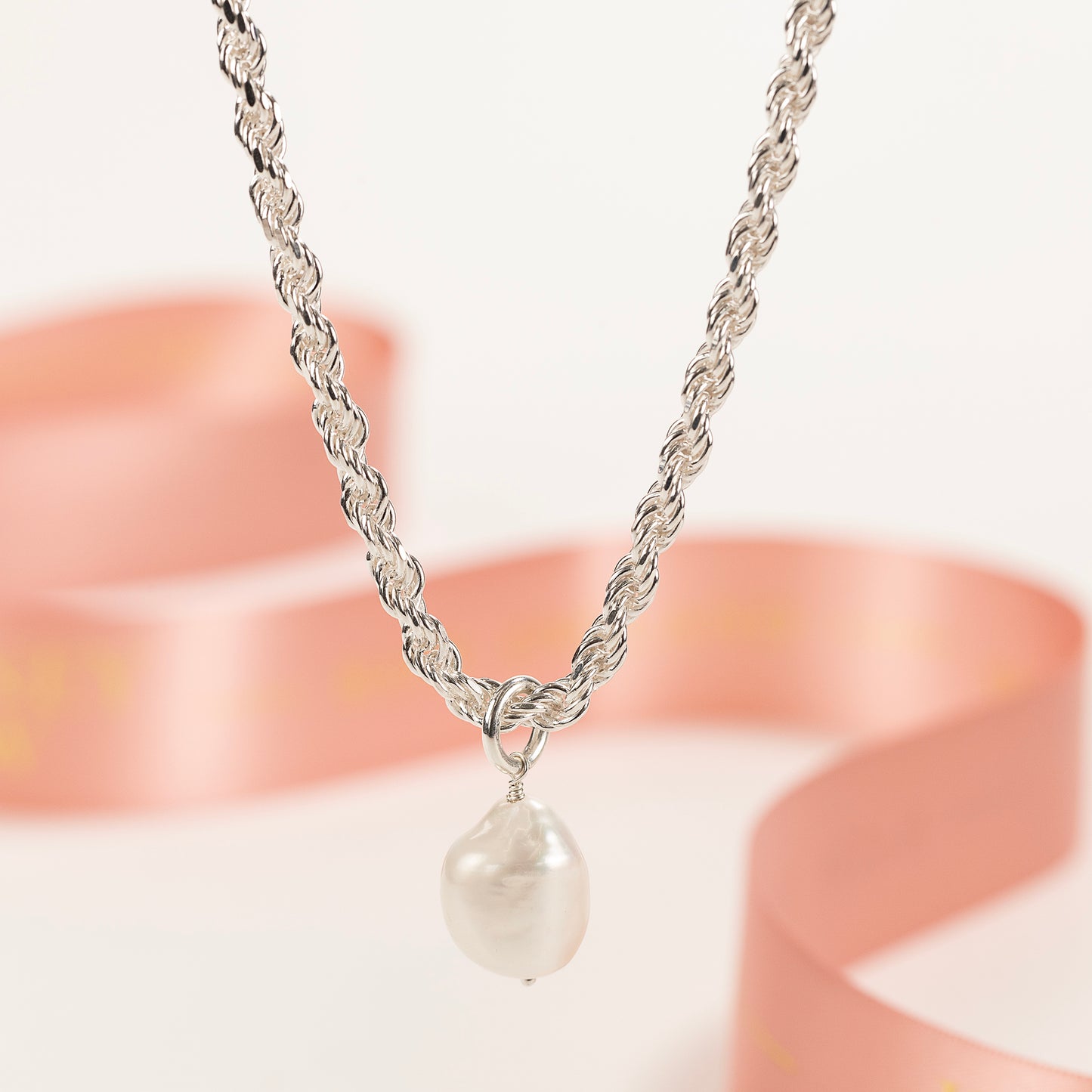 Chunky Rope Chain necklace with Pearl - Silver