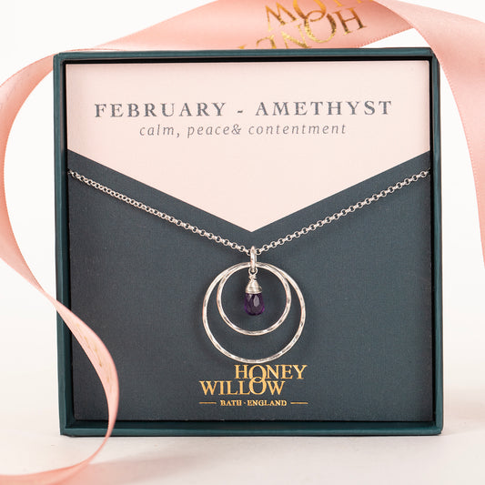 February Birthstone Double Halo Necklace - Amethyst - Silver & Gold