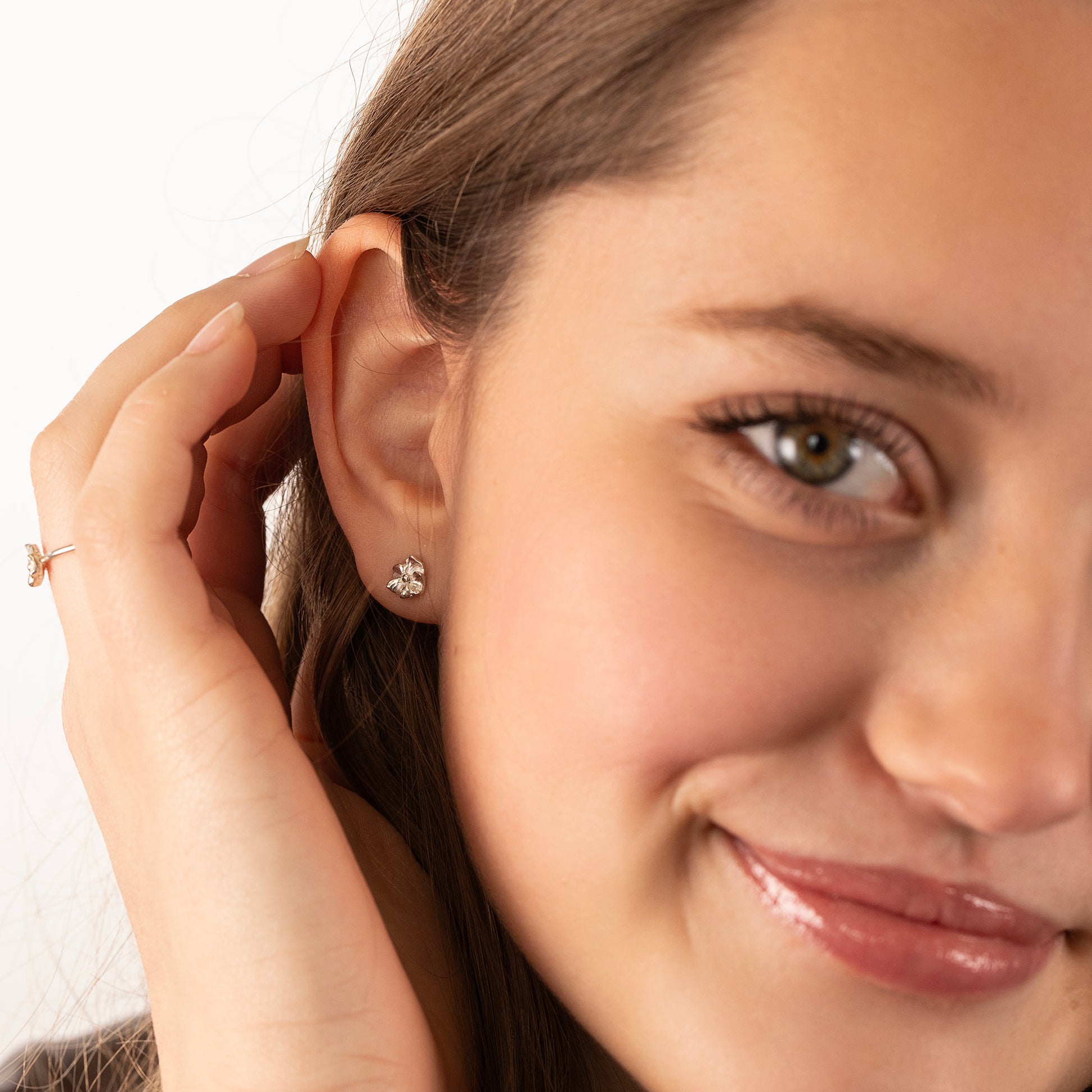 50th Anniversary Gift - Violet Flower Stud Earrings - Silver