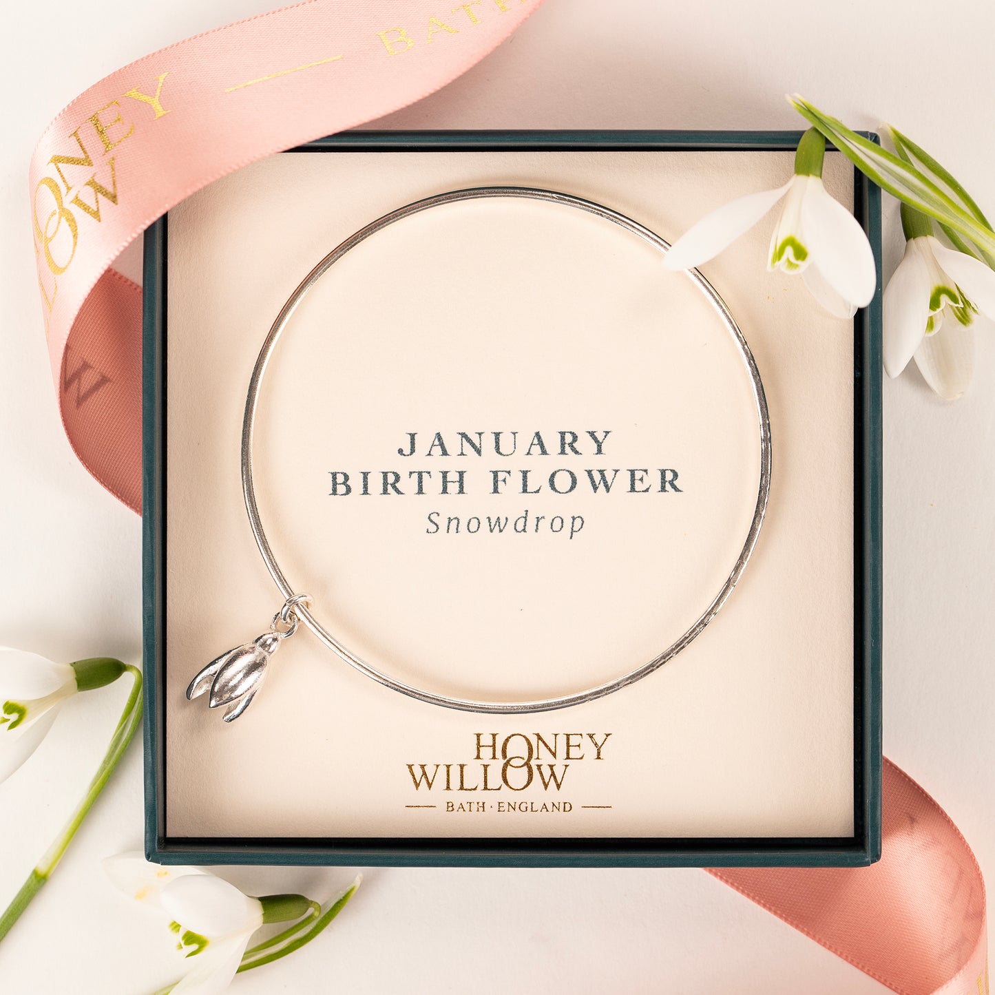 January Birth Flower Jewellery - Personalised Snowdrop Bangle - Silver