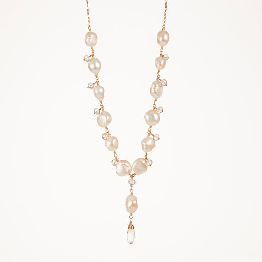 Keishi Pearl & Crystal Drop Necklace - Silver & Gold - Salacia