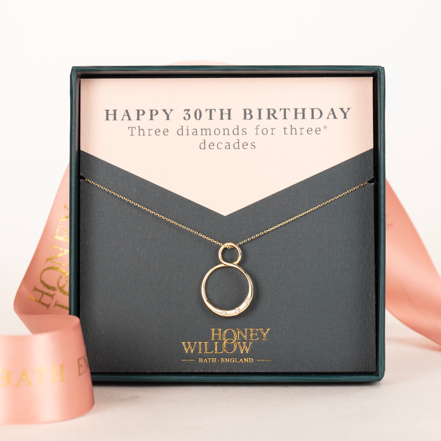 30th Birthday Infinity Necklace - 3 Diamonds for 3 Decades - 9kt Gold & Lab Grown Diamonds