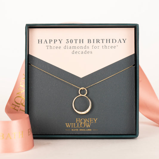 30th Birthday Infinity Necklace - 3 Diamonds for 3 Decades - 9kt Gold & Lab Grown Diamonds