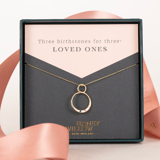 Family Birthstone Infinity Necklace - 3 Birthstones for 3 Loved Ones - 9kt Gold