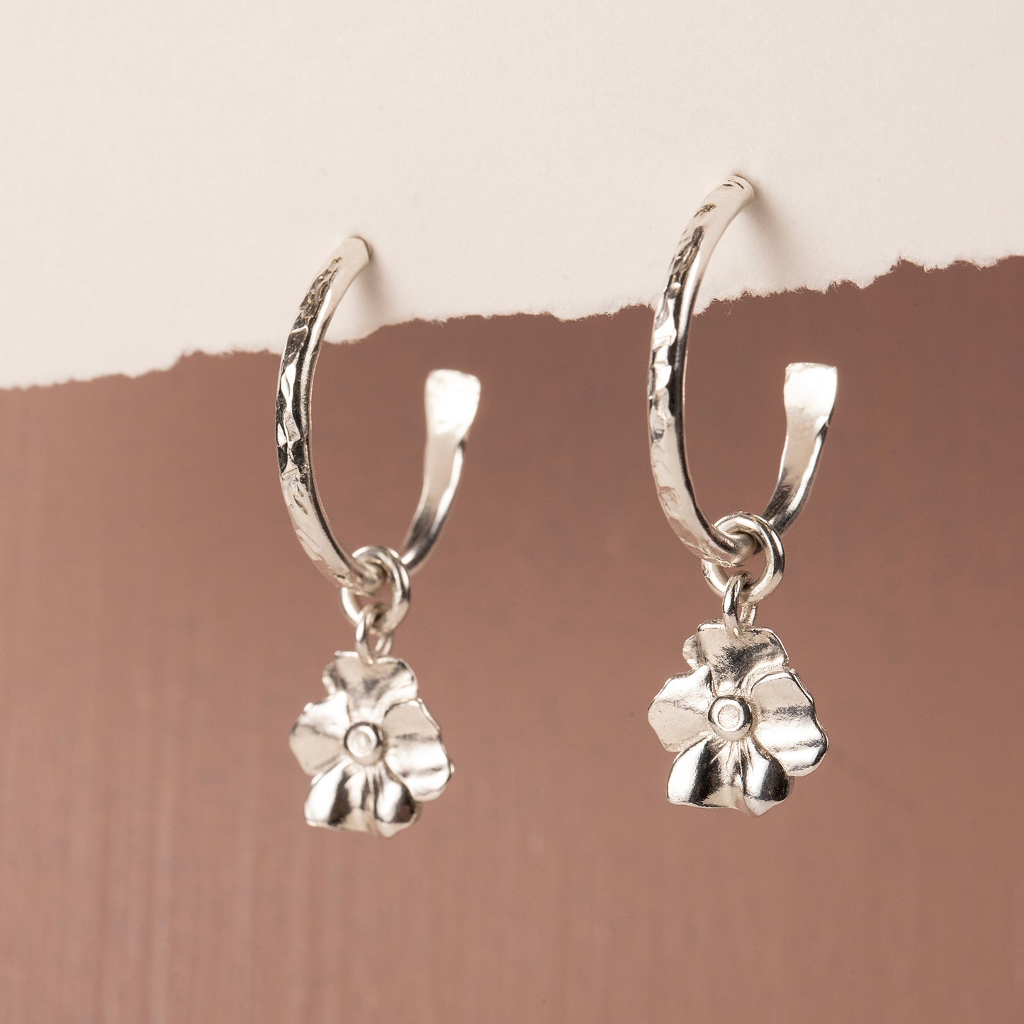 50th Anniversary Gift - Violet Flower Hoop Earrings - Silver