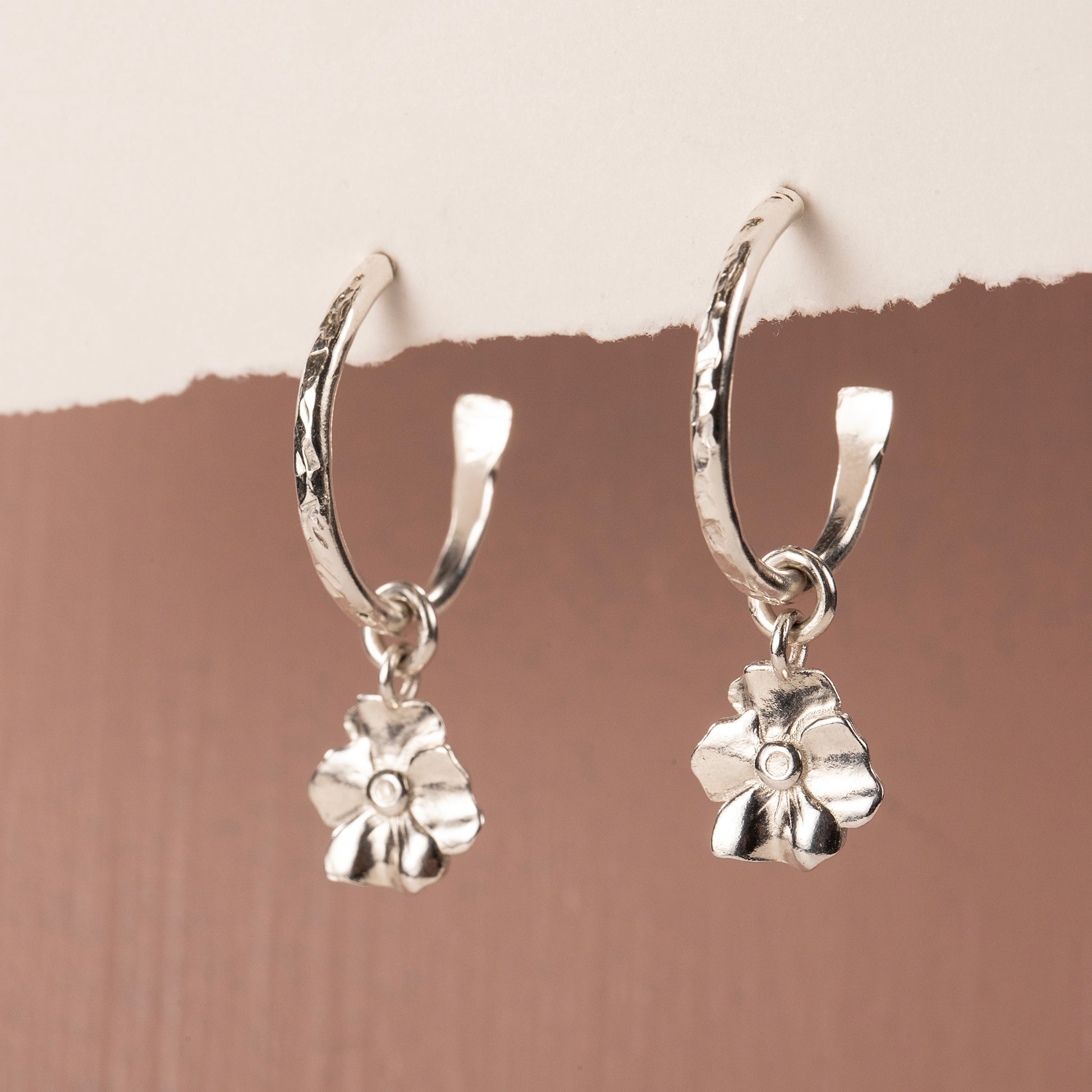 50th Anniversary Gift - Violet Flower Hoop Earrings - Silver