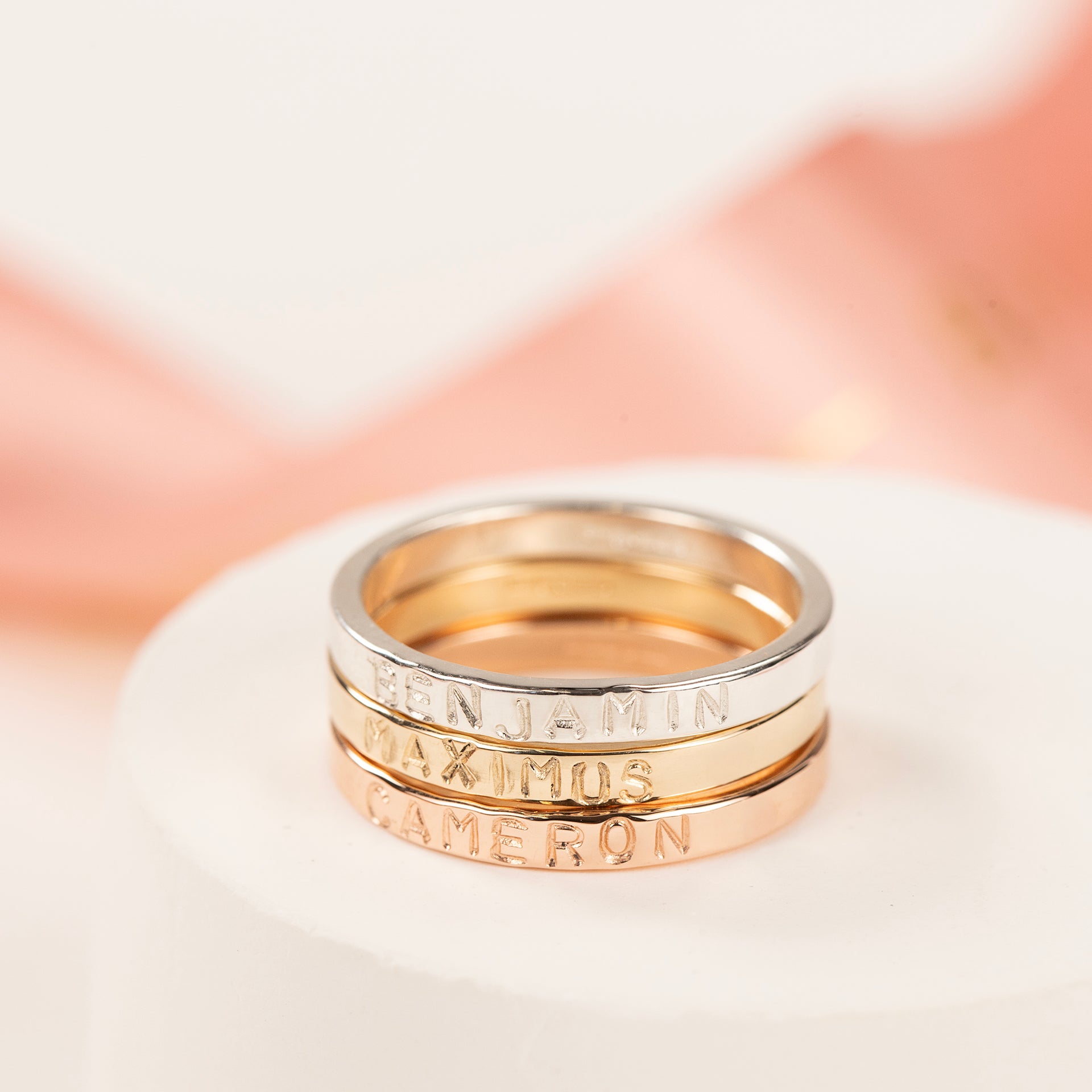 Personalised Family Name Rings 9kt Gold Rose Gold White Gold
