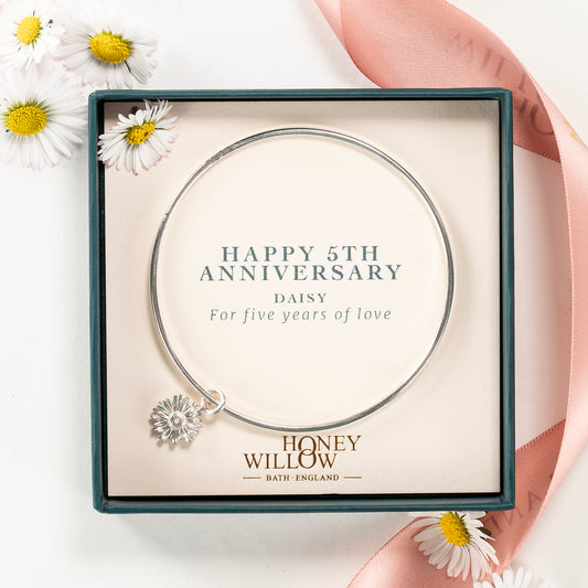 5th Anniversary Gift - Personalised Daisy Flower Bangle - Silver