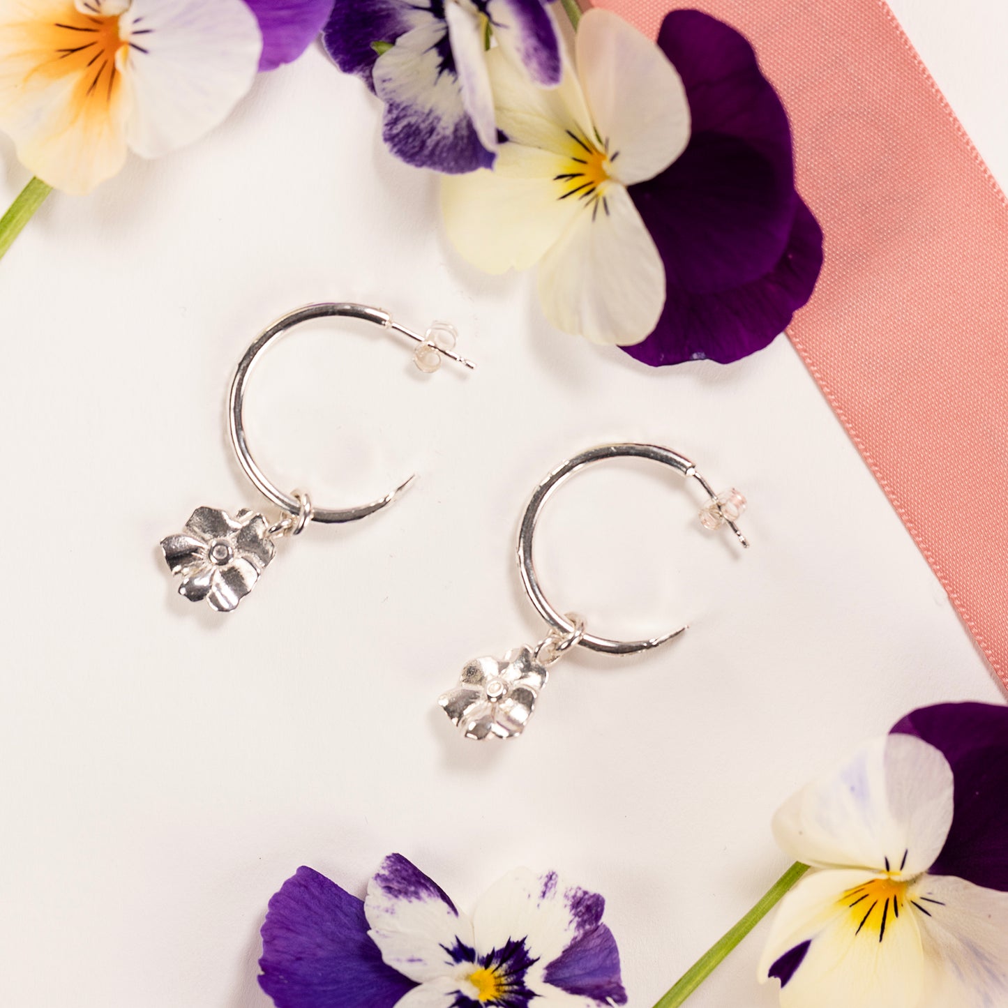 50th Anniversary Gift - Violet Flower Hoop Earrings - Silver