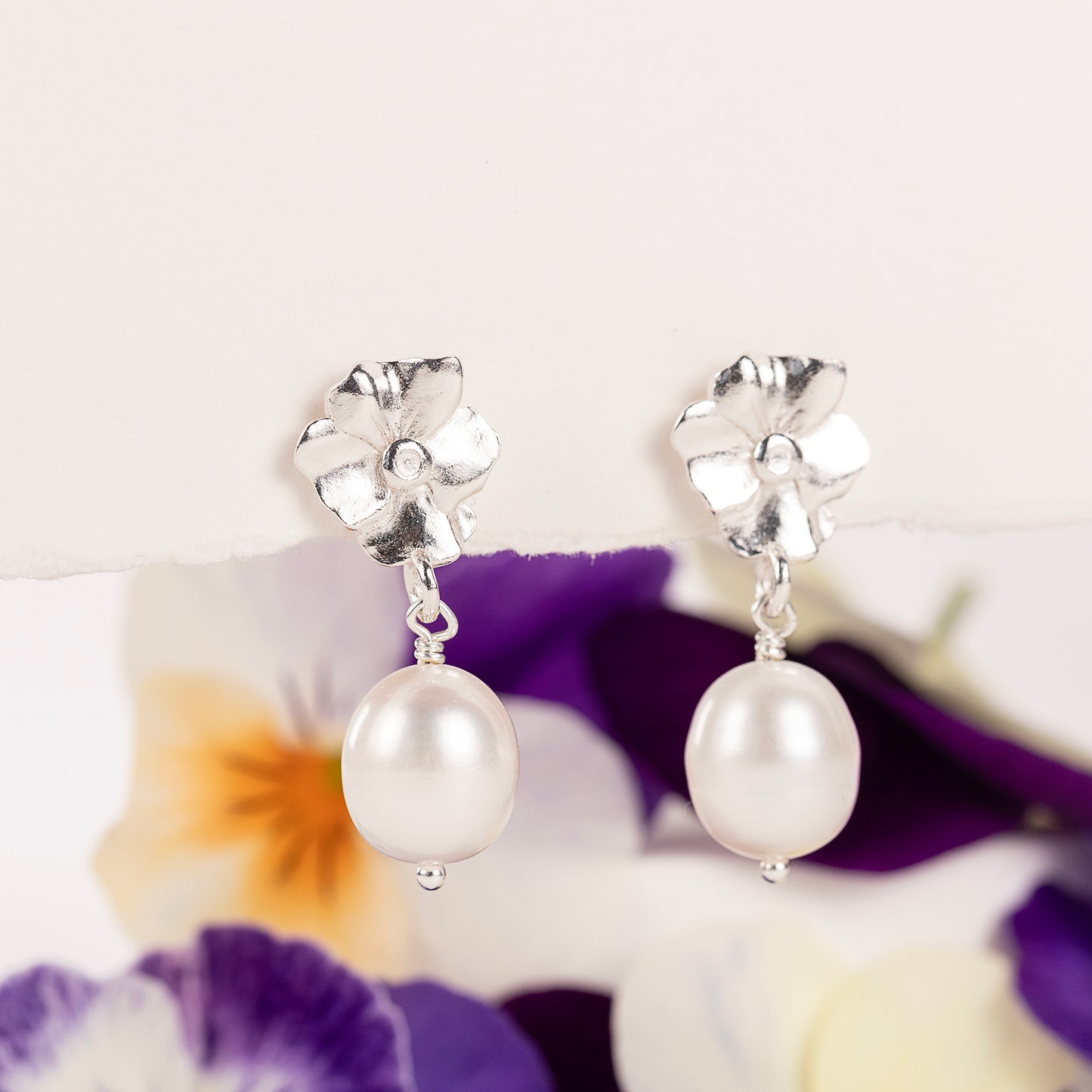 50th Anniversary Gift - Violet Flower Earrings - Silver & Pearl