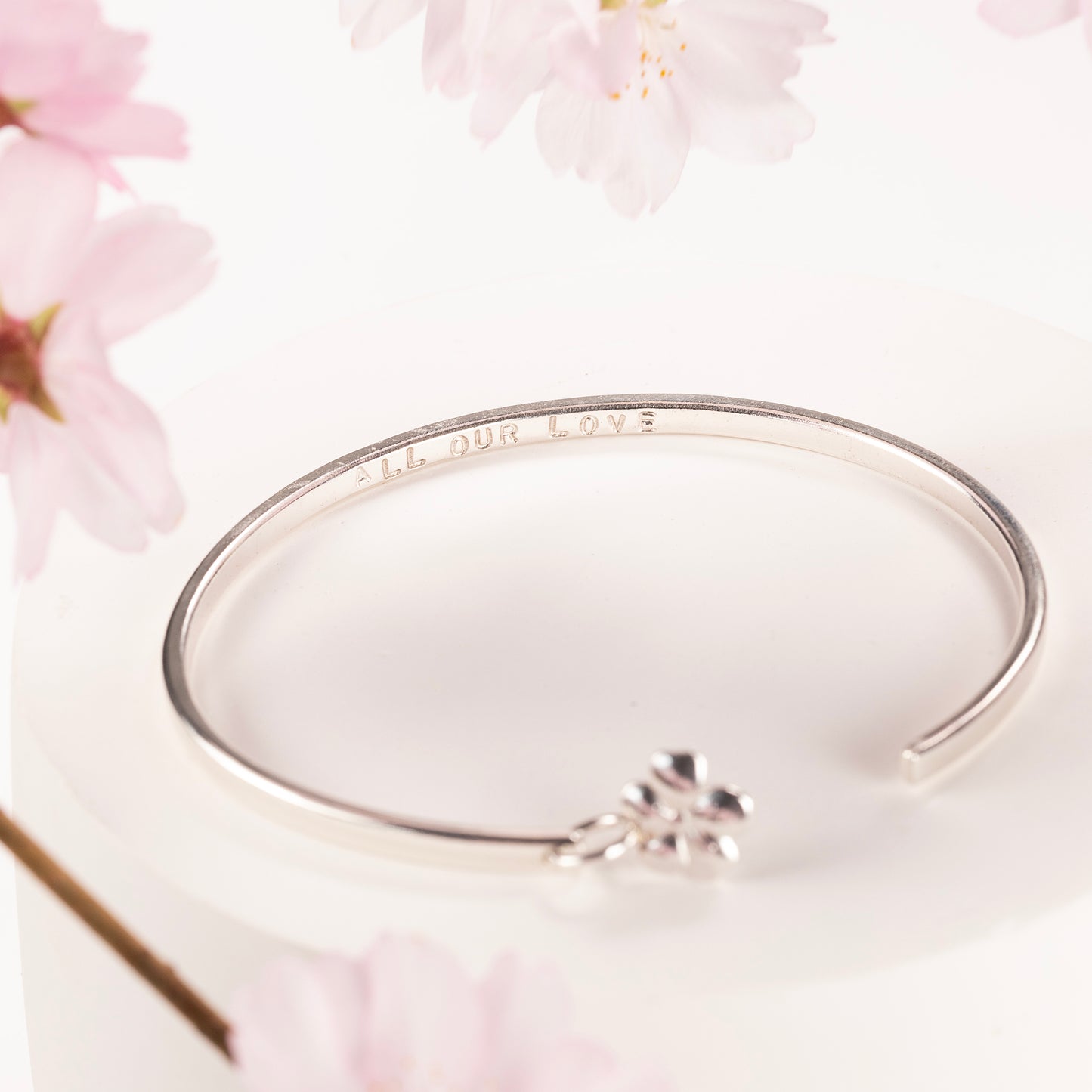 March Birth Flower Jewellery - Personalised Cherry Blossom Torc Bangle - Silver