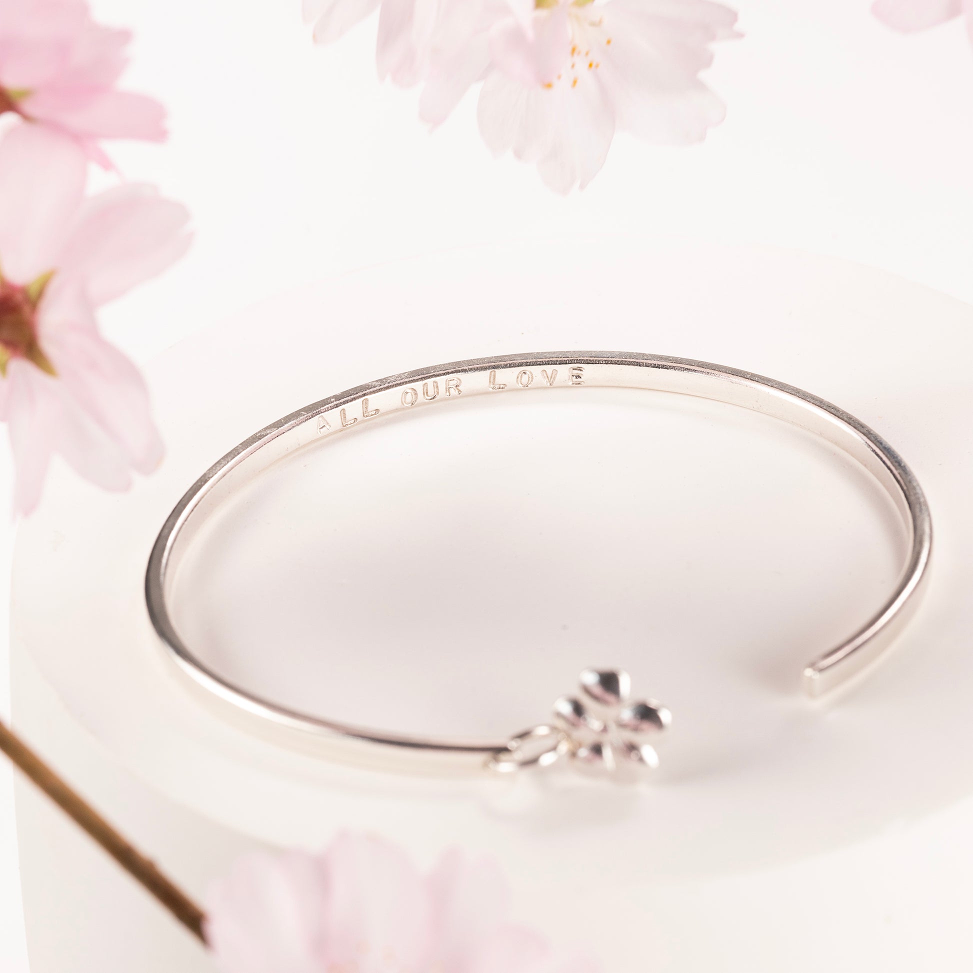 March Birth Flower Jewellery - Personalised Cherry Blossom Torc Bangle - Silver
