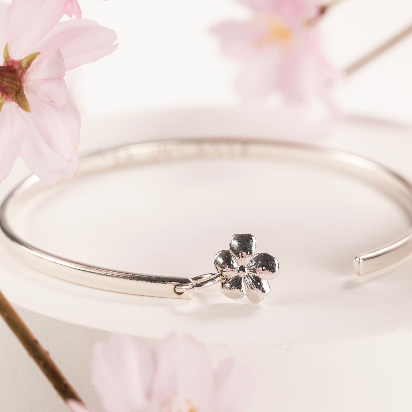 Personalised Cherry Blossom Torc Bangle - Luck - Silver